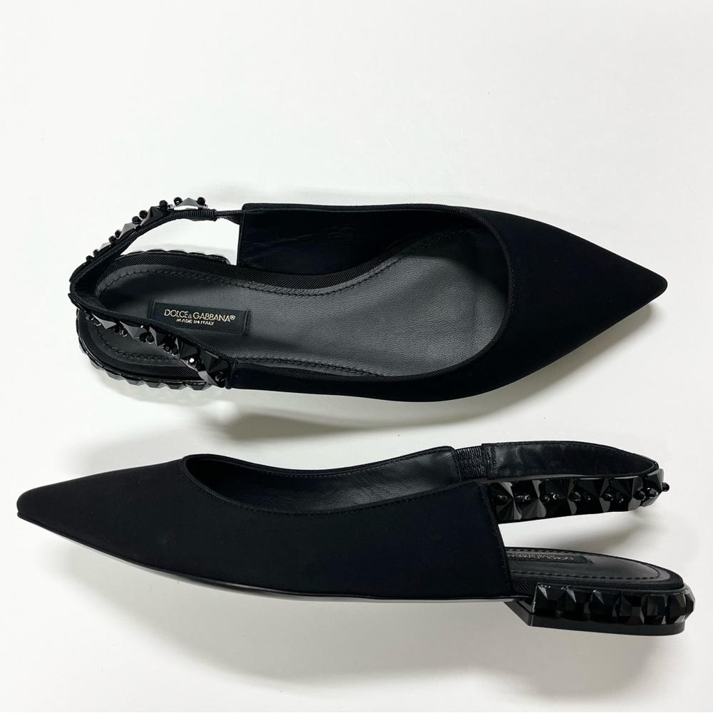 Dolce & Gabbana Black Studded Flats Slingback Charmeuse Shoes Size 39